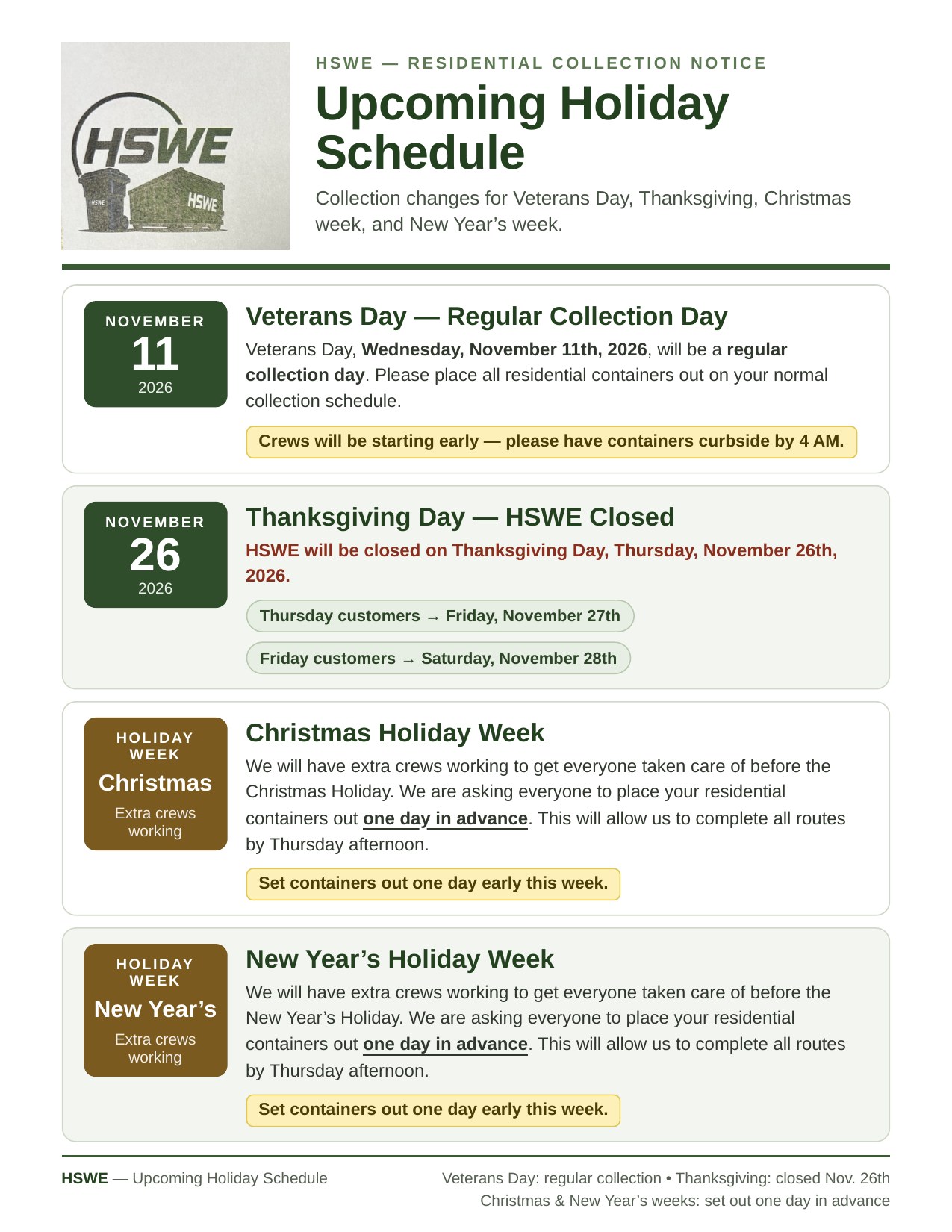 HSWE holiday collection schedule flyer for Veterans Day, Thanksgiving, Christmas week and New Year's week. The full schedule is written out on this page.